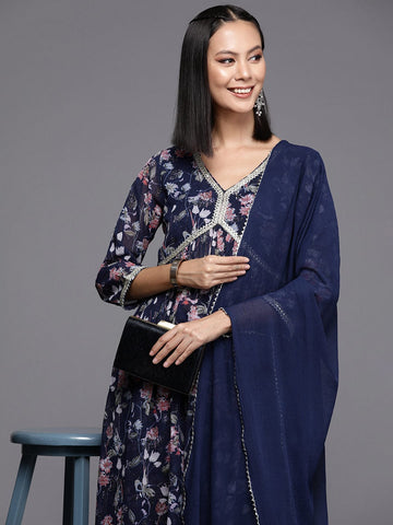 Varanga Women Women Navy Blue A-Line Kurta Paired With Bottom And Dupatta
